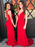 Elastic Satin Sheath Scoop Red Prom Dress with Beading Back MP279