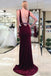 sheath backless prom dresses v neck burgundy beading formal evening dress