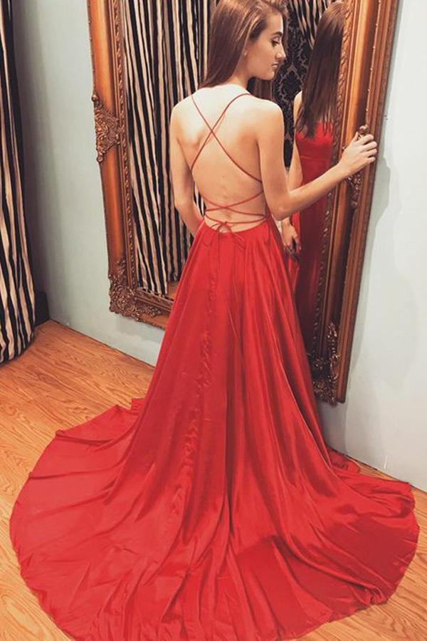 Sexy Backless Long Prom Dress, A-Line Halter Red Evening Dress With Slit MP277