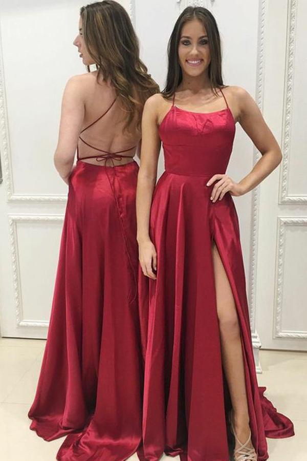 simple backless long prom dress a line halter red evening dress with slit