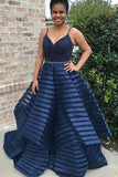 spaghetti straps royal blue striped plus size prom dress with beading