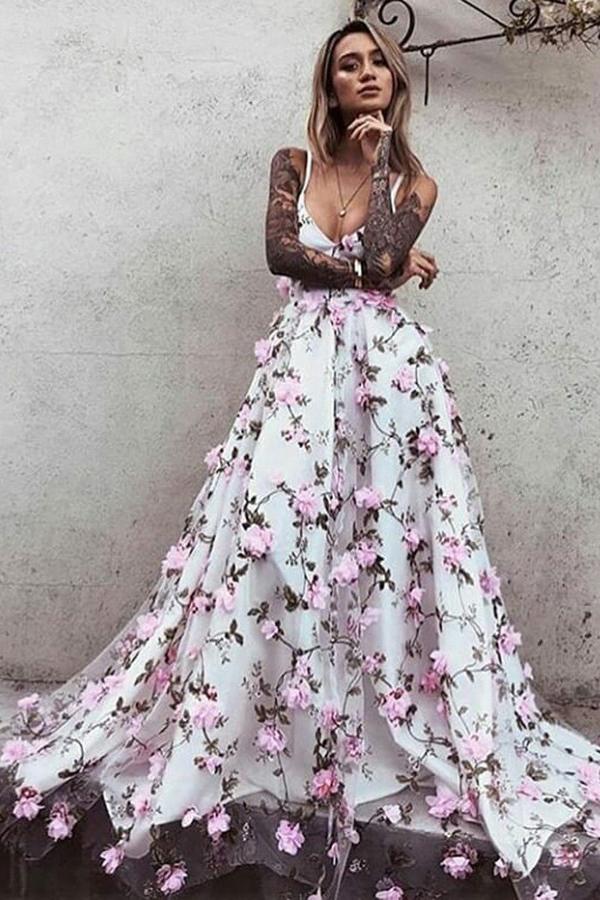 stunning a line v neck long prom dresses with pink flowers