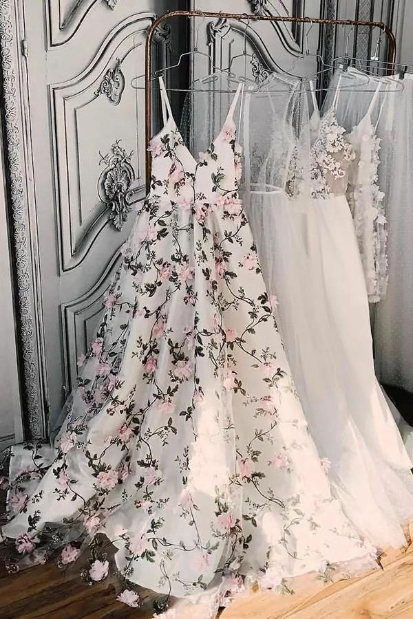 stunning a line v neck long prom dresses with pink flowers