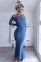Off-Shoulder Lace Long Sleeves Blue Mermaid Bridesmaid Dresses PB113