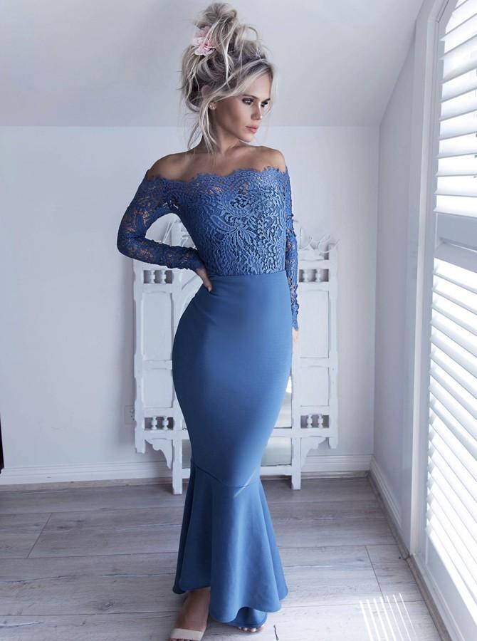 off shoulder lace long sleeves blue mermaid bridesmaid dresses