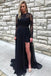 black prom dresses a line jewel lace long sleeves slit evening gown