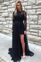 Black Prom Dresses A-Line Jewel Lace Long Sleeves Slit Evening Gown MP239