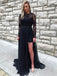 black prom dresses a line jewel lace long sleeves slit evening gown
