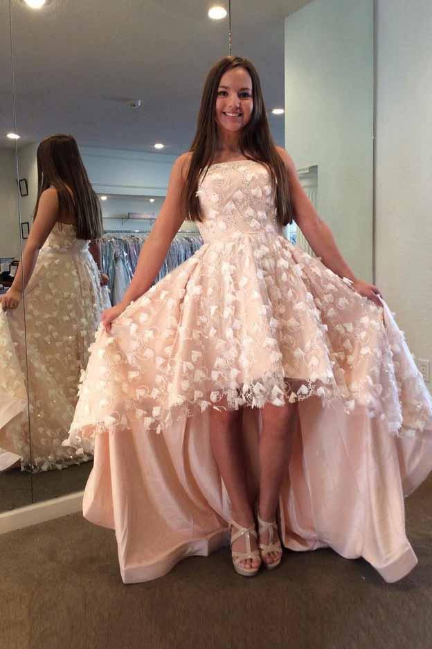 chic strapless hi low pearl pink homecoming dresses with lace flowers