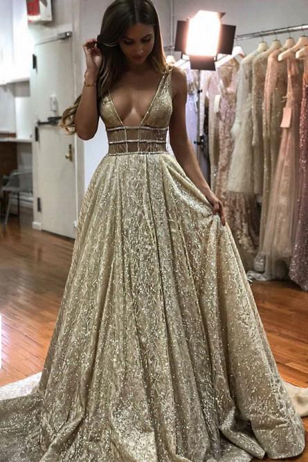 Sparkle A-Line V-Neck Backless Long Prom Dress with Sequins MP193