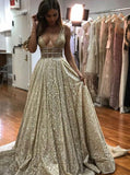 Sparkle A-Line V-Neck Backless Long Prom Dress with Sequins MP193