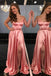 coral pink long prom dress spaghetti straps slit formal gown