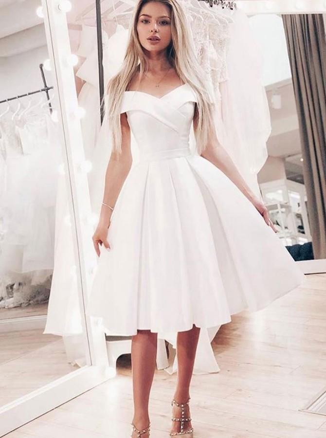 simple white a line off the shoulder short prom dress with pleats