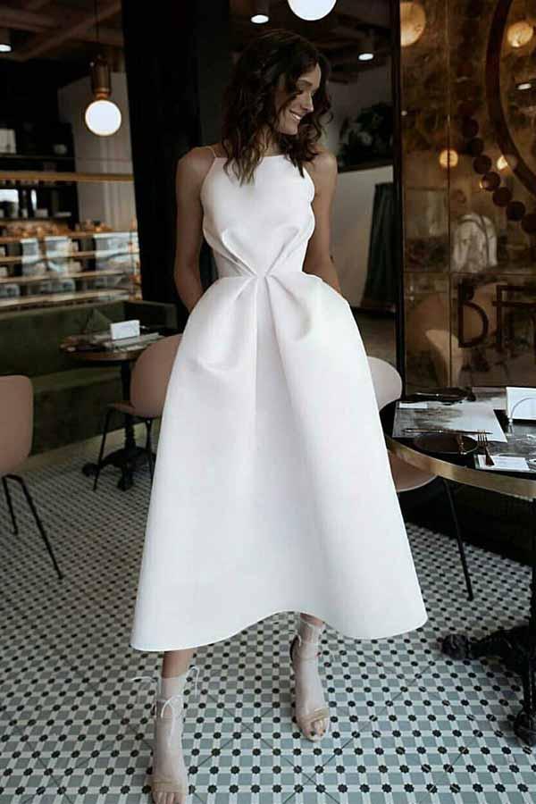 Simple Wedding Dresses with Pockets, Ivory Backless Spaghetti Straps Prom Dress GM272