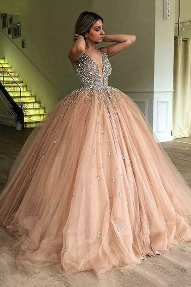 Ball Gown V-neck Beading Quinceanera Dresses Tulle Prom Dresses MP291