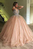 ball gown v neck beading quinceanera dresses tulle prom dresses