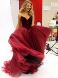 a line sweetheart burgundy tulle long prom dress with ruched