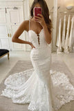 Spaghetti Straps Deep V Neck Mermaid Lace Applique Wedding Dress PW386