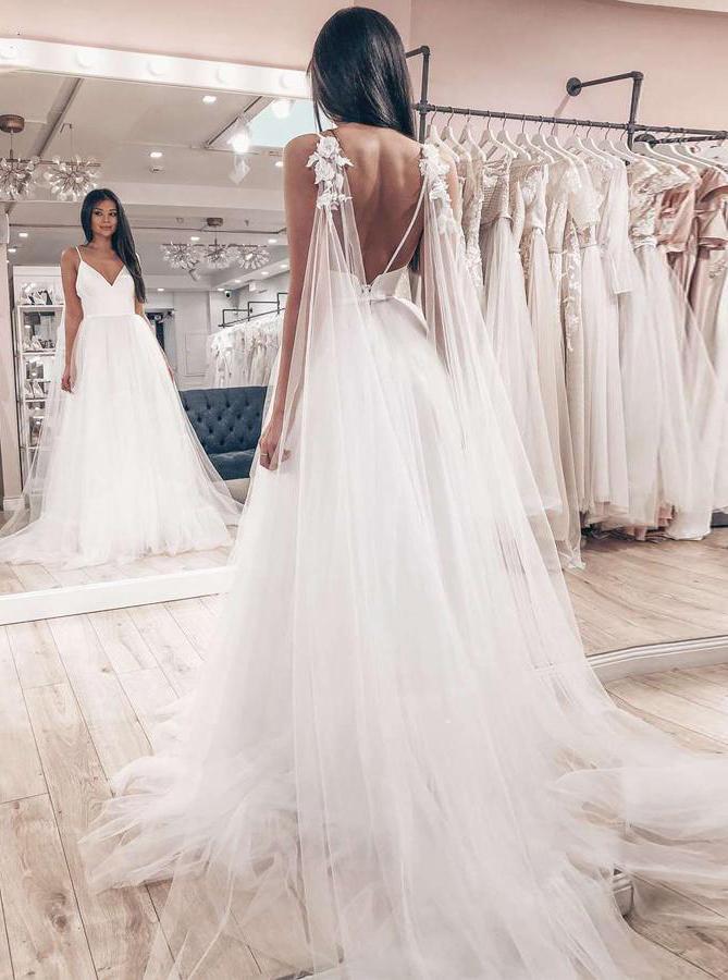 Spaghetti Straps V-neck Boho Wedding Dress Backless Bridal Dress PW135