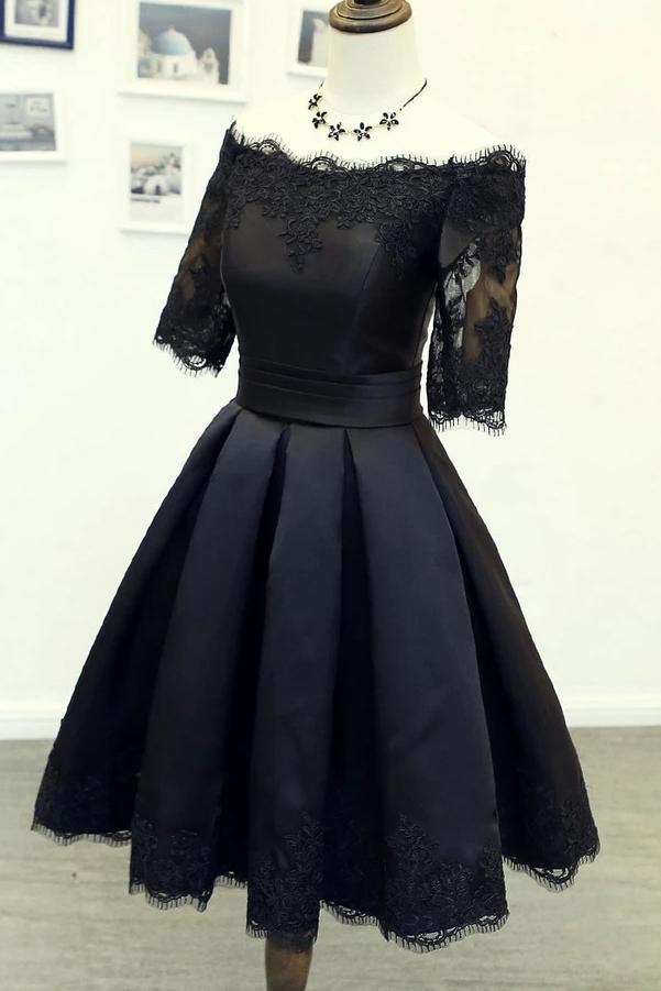Black Short Homecoming Dresses Half Sleeve Off Shoulder Party Dress GM21
