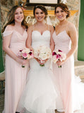 Flowy Straps V-neck Pink Chiffon Long Bridesmaid Dresses PB45