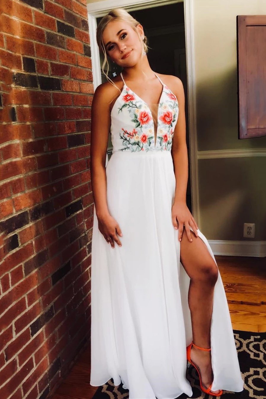 A-line V-Neck Embroidered Chiffon White Long Prom Dresses With Split MP215
