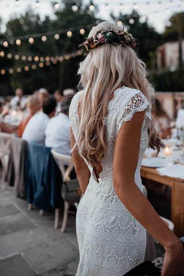 Boho Lace Wedding Dresses Mermaid Backless Bridal Gown With Sleeve PW146