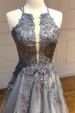 Tulle Gray Long Prom Dresses, Appliqued Backless Formal Evening Dress MP147