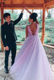 V-Neck A-Line Tulle Long Prom Dresses, Sexy Tulle Long Formal Dress MP197