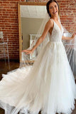 Gorgeous A-line V Neck Tulle Wedding Dresses with Lace Appliques PW387