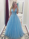 a line v neck long light blue prom dresses with beading