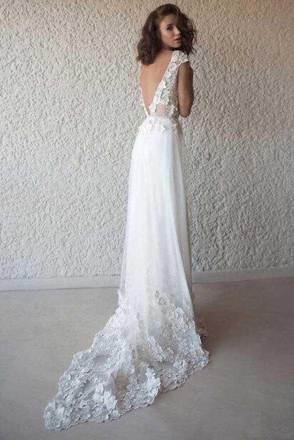 A-line V-neck Cap Sleeves Chiffon Beach Wedding Dresses With Appliques PW120