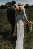 Lace Boho Wedding Dress Long Sleeve Backless Sheath Bridal Gown PW389