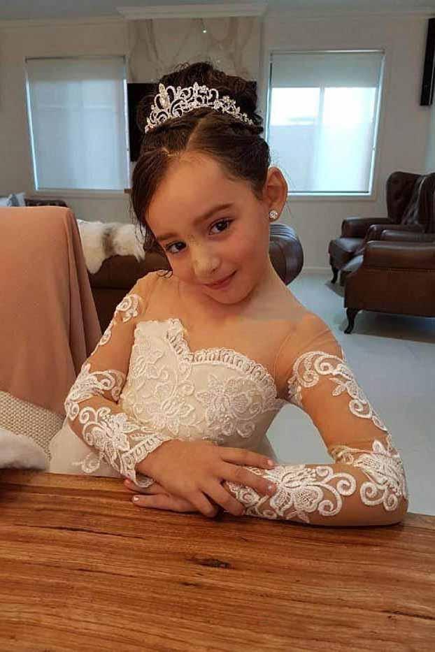 charm princess long sleeves appliqued flower girl dress with bowknot pf121