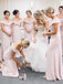 Simple Off Shoulder Sheath Pink Bridesmaid Dresses With Slit PB48