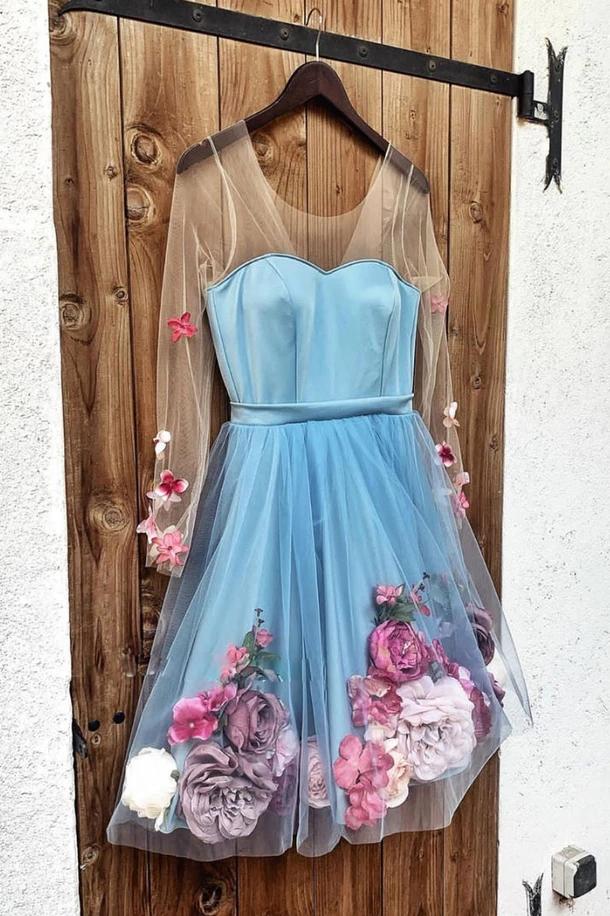 Blue Short Prom Dresses Long Sleeve Homecoming Dress With 3D Appliques GM17