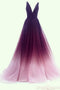 A-line V-neck Tulle Ombre Long Prom Dresses Simple Formal Gown MP225