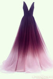 a line v neck tulle ombre long prom dresses simple formal gown