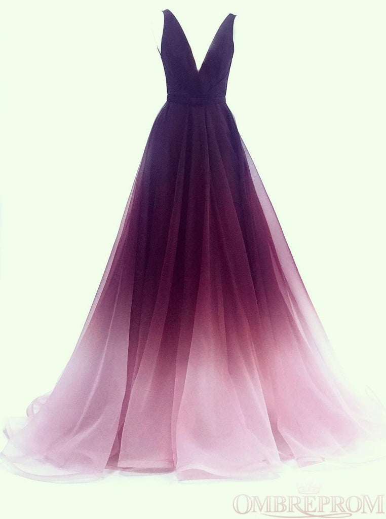 a line v neck tulle ombre long prom dresses simple formal gown