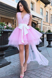 sweet v neck pink homecoming dress short prom dresses with tulle train