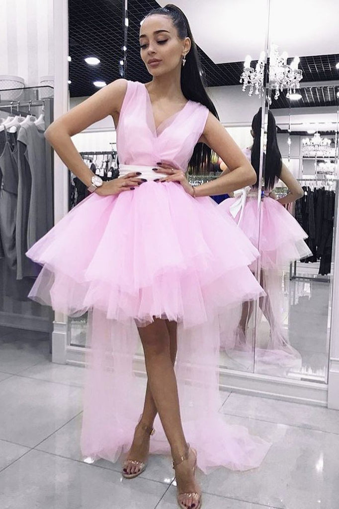 sweet v neck pink homecoming dress short prom dresses with tulle train
