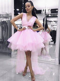 sweet v neck pink homecoming dress short prom dresses with tulle train