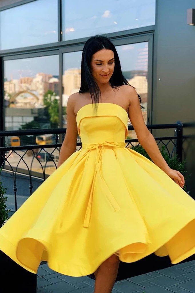 simple strapless yellow homecoming dresses short prom dresses