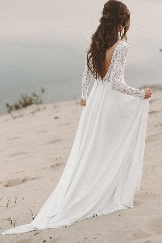 Lace Long Sleeve Wedding Dresses Chiffon Beach Bridal Dress PW154