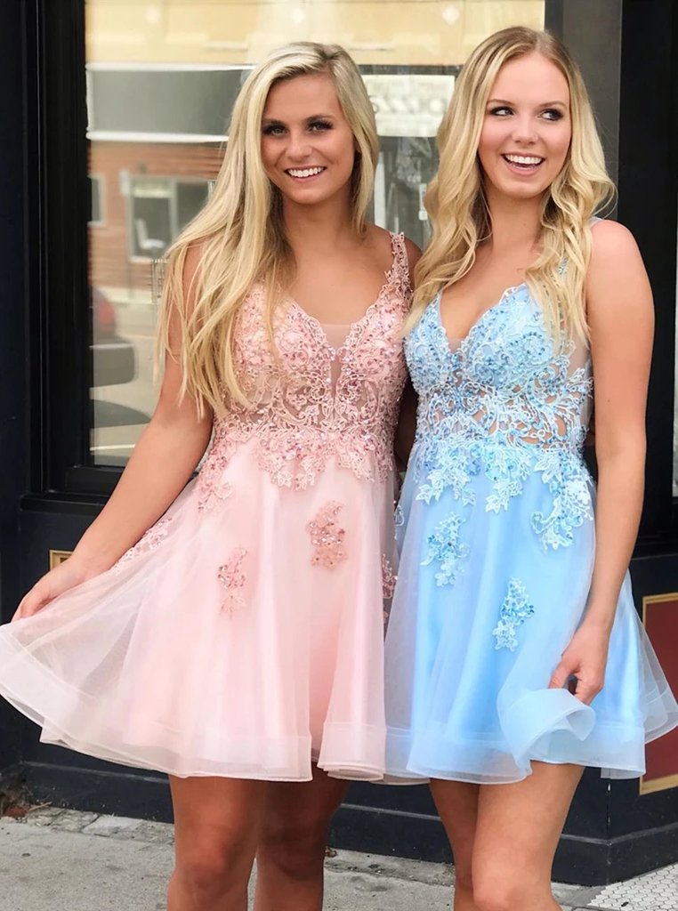 A Line V Neck Short Prom Dresses Lace Appliques Homecoming Dress GM08