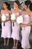 One Shoulder Pink Mermaid Bridesmaid Dresses, Pink Wedding Party Gown PB49