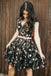 black v neck embroidery floral short prom homecoming dress with beaded waist
