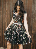Black V-Neck Embroidery Floral Short Prom Homecoming Dress with Beaded Waist GM90