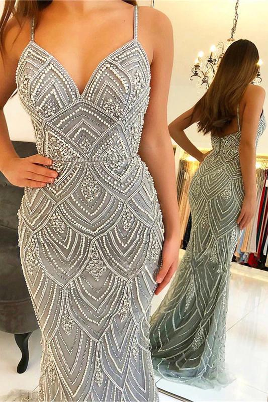 mermaid long prom dress with beads spaghetti formal evening dresses