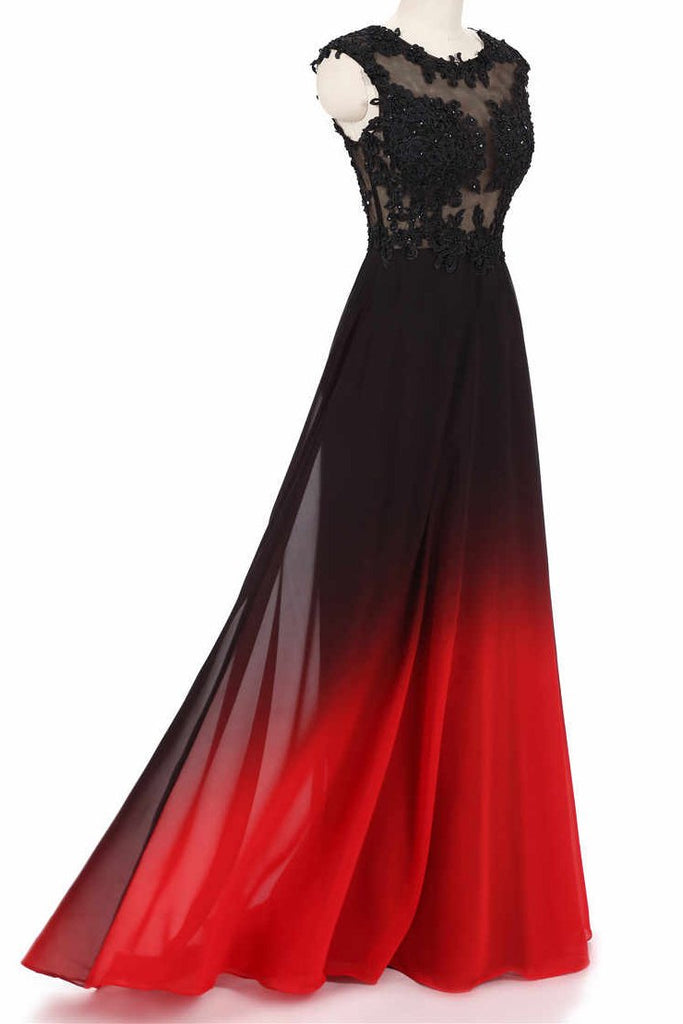 round neck lace applique top chiffon black red ombre prom formal dresses